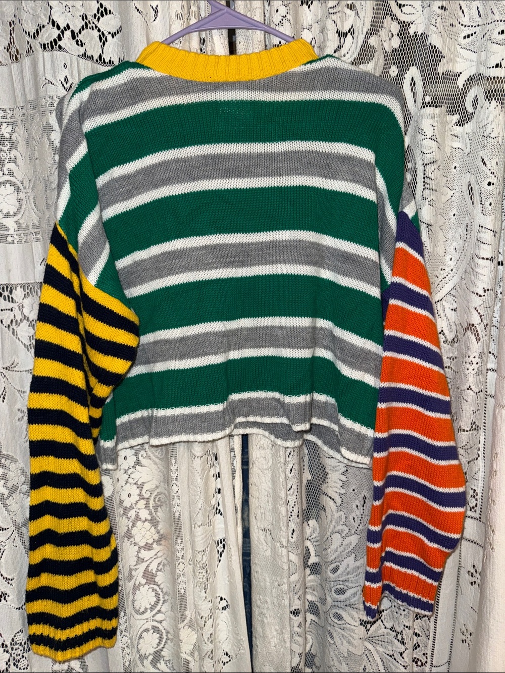The Ragged Priest Green Gray White Striped Cropped Sweater with Contrast Sleeves - Picture 6 of 7